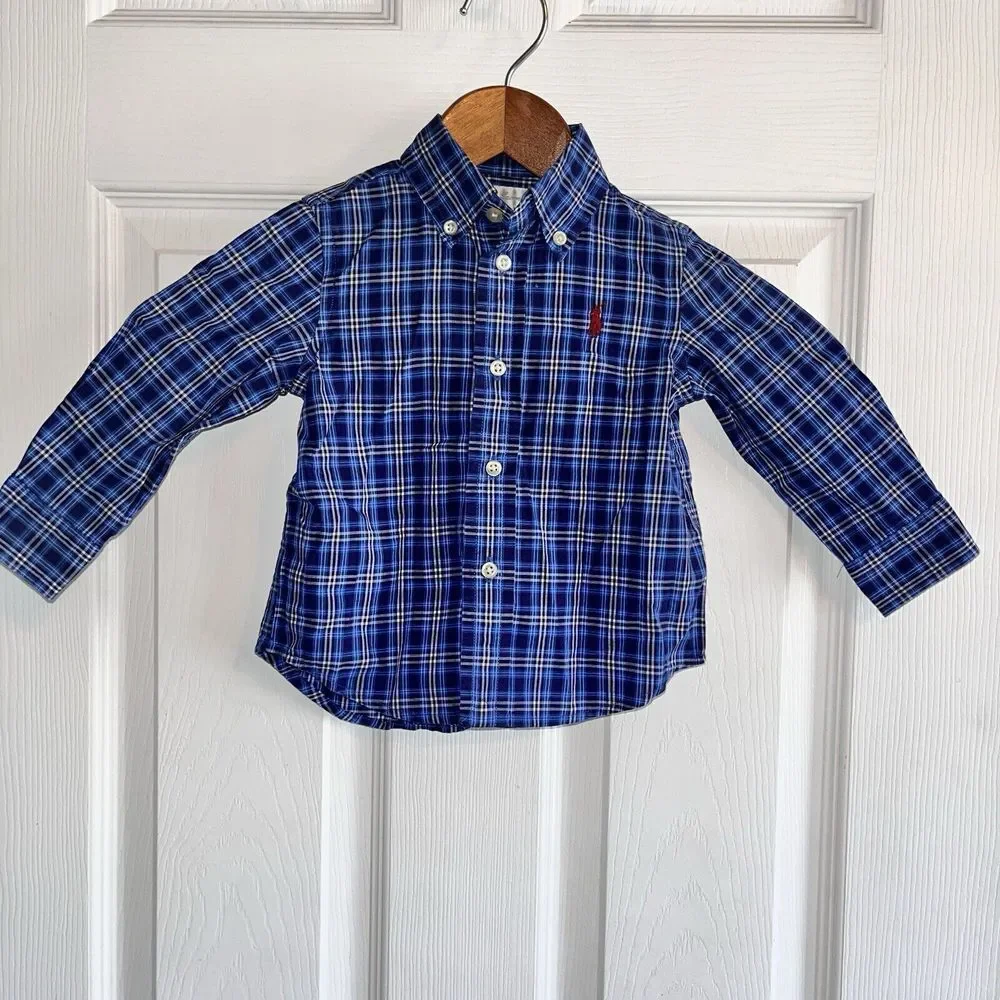 Ralph Lauren Boys Button-Up Blue Cotton Plaid Shirt Collar 12 Months‎